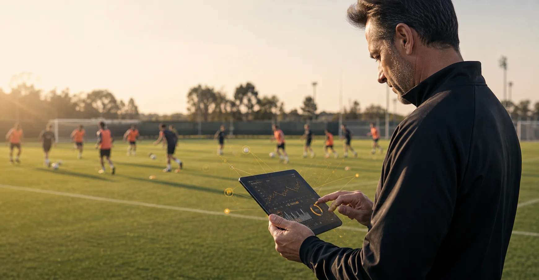 Entrenador de fútbol analizando datos deportivos en una tablet durante una sesión de campo